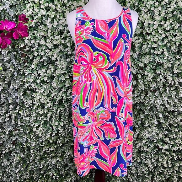 Lilly Pulitzer Resort Navy Banana Flambé Silk Jackie Shift Dress XS - Picture 1 of 11